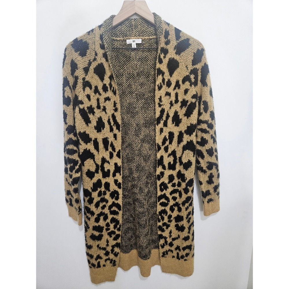 BP Nordstrom Leopard Print Longline Open Front Cardigan Tan‎ Black XS BP388404MI